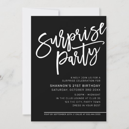 Invitation SCRIPT MODERNE surprise fête d'anniversaire noir b (Devant)