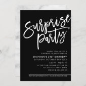 Invitation SCRIPT MODERNE surprise fête d'anniversaire noir b (Devant / Derrière)