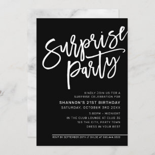 Invitation SCRIPT MODERNE surprise fête d'anniversaire noir b