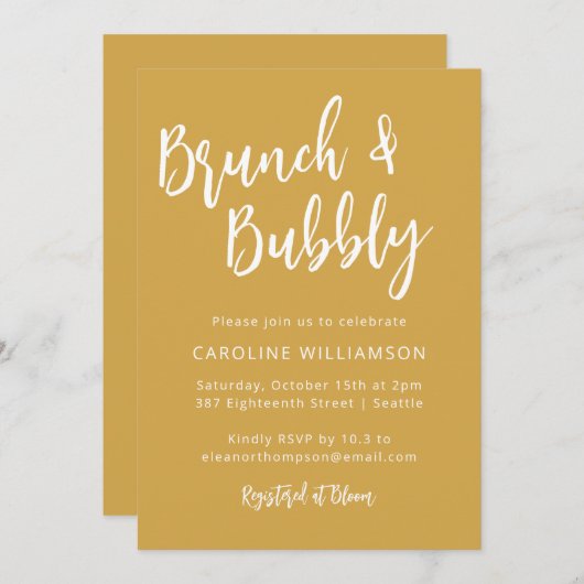 Invitation Script moderne tendance Brunch Bubbly Douche Jaune (Devant / Derrière)