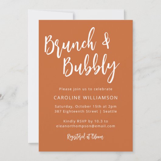Invitation Script moderne tendance Brunch Bubbly Douche orang (Devant)