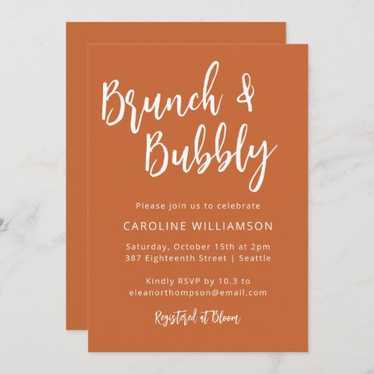 Invitation Script moderne tendance Brunch Bubbly Douche orang (Devant / Derrière)