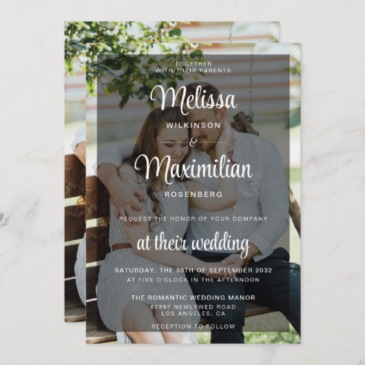 Invitation Script moderne transparent photo simple mariage (Devant / Derrière)