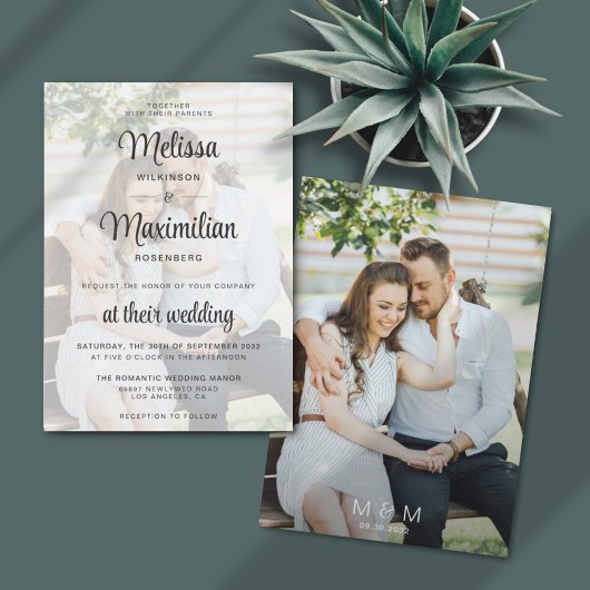 Invitation Script moderne transparent photo simple mariage
