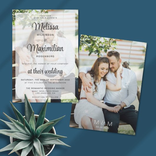 Invitation Script moderne transparent photo simple mariage
