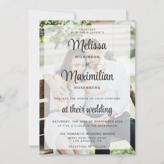 Invitation Script moderne transparent photo simple mariage (Devant)