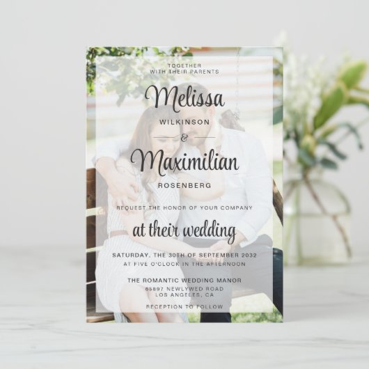 Invitation Script moderne transparent photo simple mariage (Debout devant)