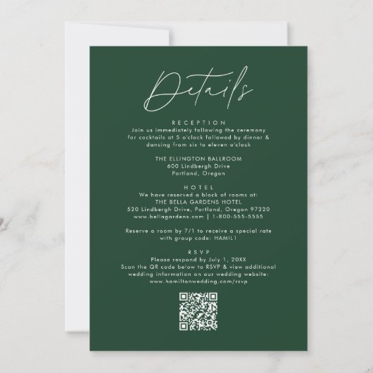 Invitation Script moderne vert tout en un Mariage de code QR (Dos)
