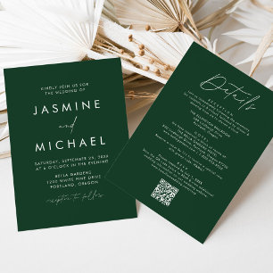 Invitation Script moderne vert tout en un Mariage de code QR