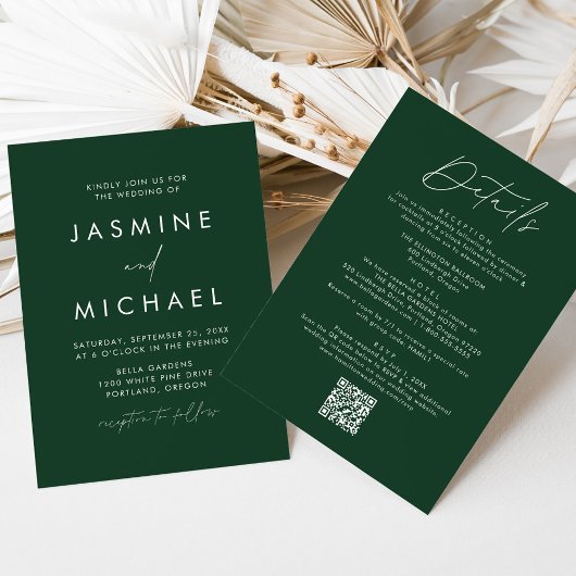 Invitation Script moderne vert tout en un Mariage de code QR