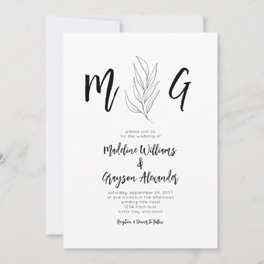 Invitation Script Monogramme Mariage botanique simple (Devant)