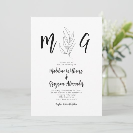 Invitation Script Monogramme Mariage botanique simple (Debout devant)