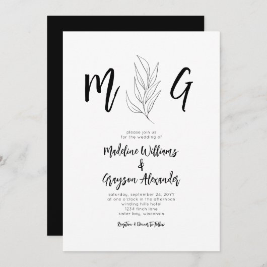 Invitation Script Monogramme Mariage botanique simple (Devant / Derrière)