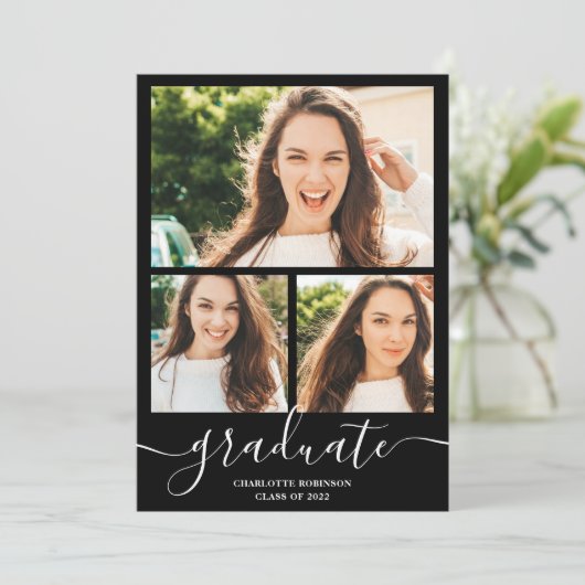 Invitation Script noir blanc 3 photos graduation (Debout devant)