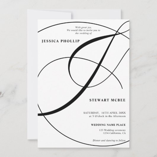 Invitation Script noir blanc tout en un mariage de calligraph (Devant)