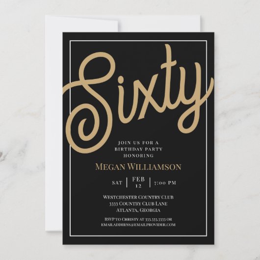 Invitation Script noir et or chic 60e anniversaire (Devant)