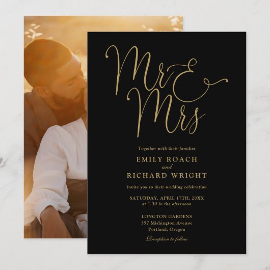 Invitation Script Noir Et Or M. Et Mme Mariage Photo (Devant / Derrière)