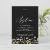 Invitation Script noir Fleur sauvage de baptême (Debout devant)
