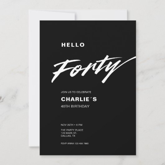 Invitation Script noir minimal moderne 40e anniversaire (Devant)