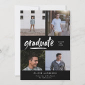 Invitation Script noir moderne 4 photo graduation stylisée (Devant)