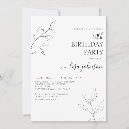 Invitation Script noir moderne Botanique 60e anniversaire (Devant)