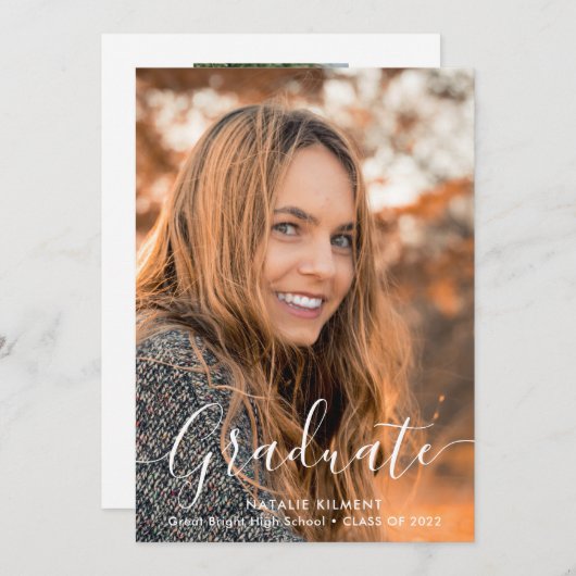 Invitation Script noir Moderne Diplômé Photo Graduate (Devant / Derrière)