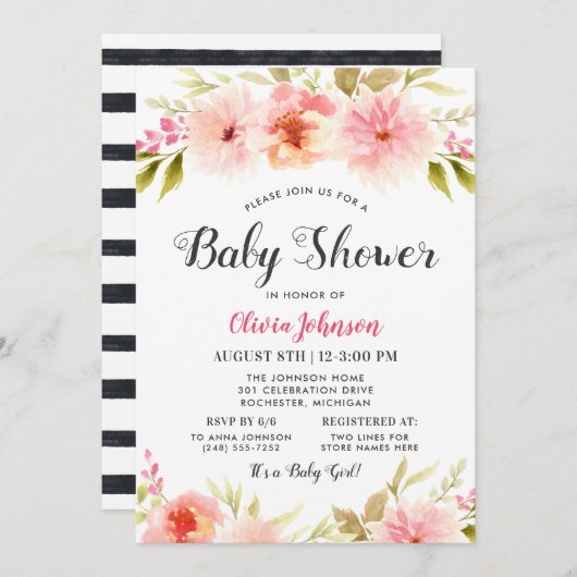 Invitation Script noir moderne Floral Baby Girl Douche (Devant / Derrière)