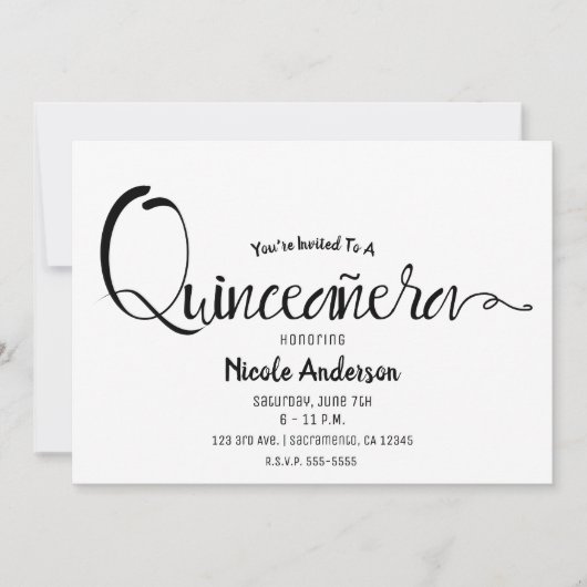 Invitation Script noir Moderne Minimal Quinceañera Quince 15 (Devant)