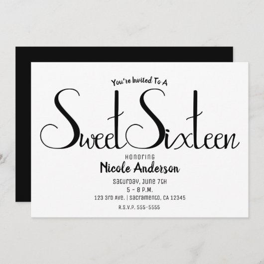 Invitation Script noir moderne minimal Sweet sixteen 16 Parti (Devant / Derrière)