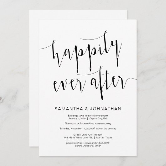 Invitation Script noir moderne modifiable, Elopement Mariage (Devant / Derrière)