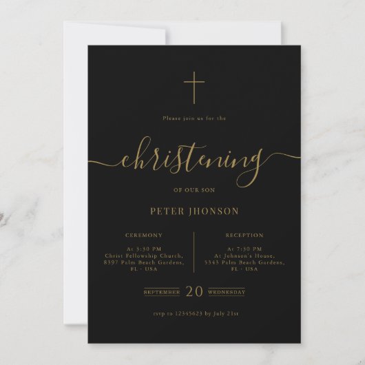 Invitation Script Noir & Or Genre Christening Neutre (Devant)