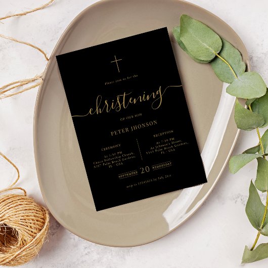 Invitation Script Noir & Or Genre Christening Neutre