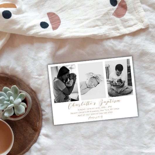 Invitation Script Or moderne Famille Bébé Photo Baptême