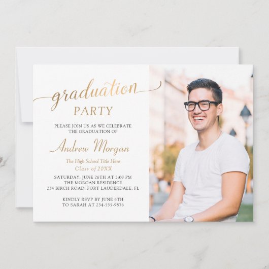 Invitation Script Or moderne noir & blanc photo de graduation (Devant)