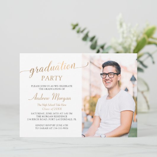 Invitation Script Or moderne noir & blanc photo de graduation (Debout devant)