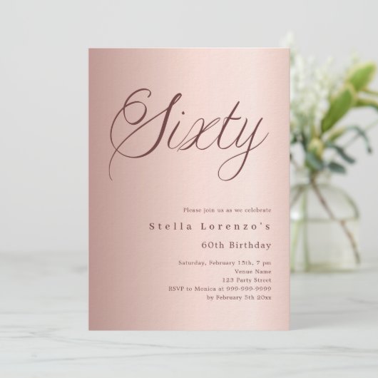 Invitation Script or rose simple 60e anniversaire luxe (Debout devant)