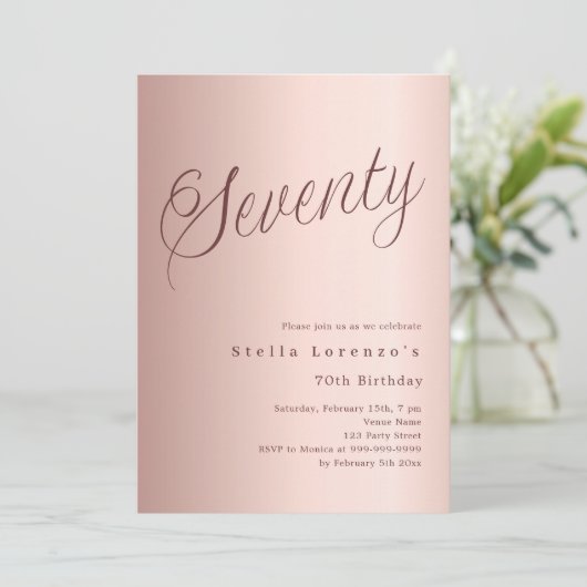 Invitation Script or rose simple 70e anniversaire (Debout devant)