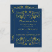 Invitation Script or sur Mariage bleu et filigree Atlantique (Devant / Derrière)