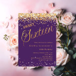 Invitation Script or violet élégant Sweet 16<br><div class="desc">Une invitation Sweet 16 moderne. Un arrière - plan violet et le mot Seize écrit avec de grandes lettres. Décoré de confettis dorés. Personnalisez et ajoutez un nom et des détails du parti.</div>