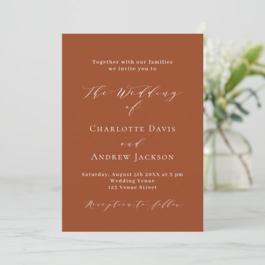 Invitation Script orange brûlé code QR moderne mariage RSVP (Debout devant)