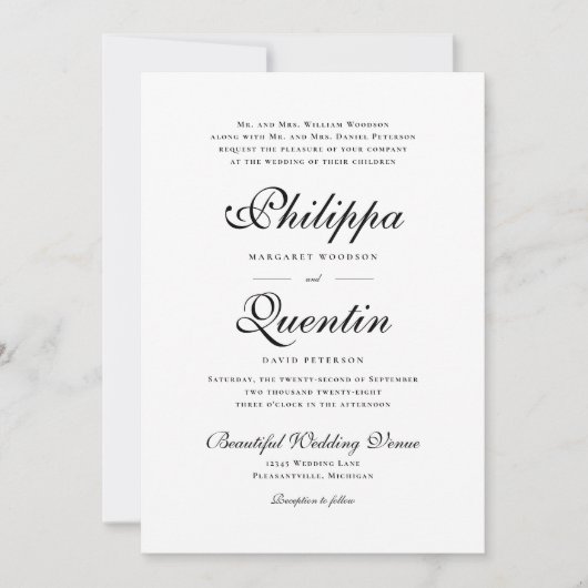 Invitation Script Orné Mariage noir et blanc (Devant)
