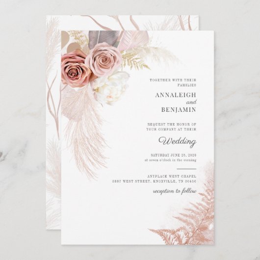 Invitation Script Pampas Mariage de palmiers séchés en laiton (Devant / Derrière)