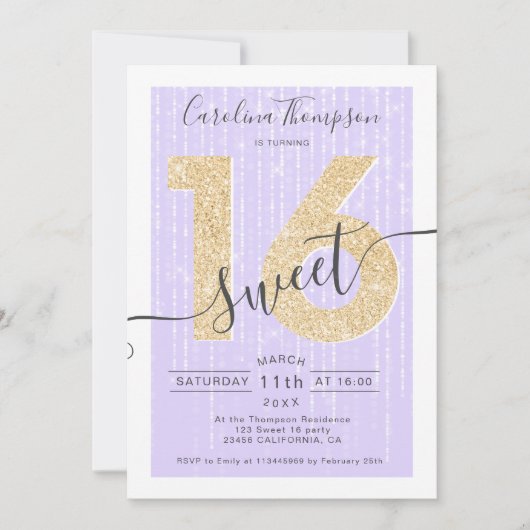 Invitation Script parties scintillant or chic lavande Sweet 1 (Devant)