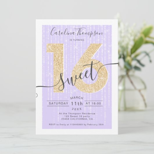 Invitation Script parties scintillant or chic lavande Sweet 1 (Debout devant)