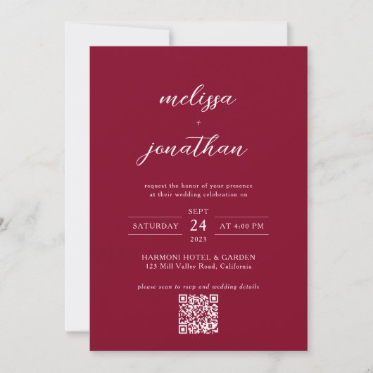 Invitation Script photo chic moderne Bourgogne Code QR Mariag (Devant)