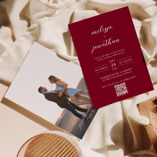 Invitation Script photo chic moderne Bourgogne Code QR Mariag