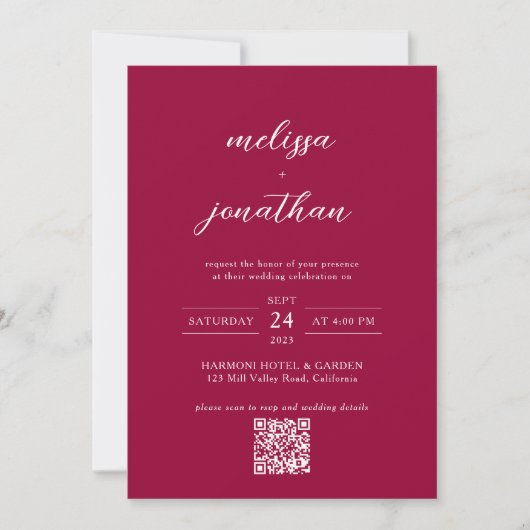 Invitation Script photo Magenta Rouge moderne QR Code Mariage (Devant)