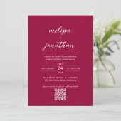 Invitation Script photo Magenta Rouge moderne QR Code Mariage (Debout devant)
