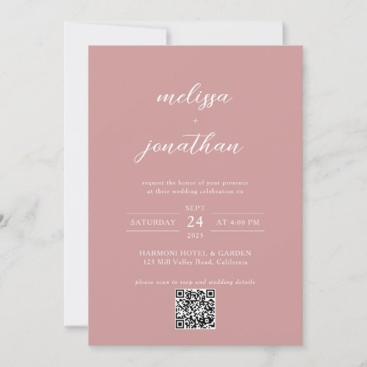 Invitation Script photo moderne Blush Pink Code QR Mariage (Devant)