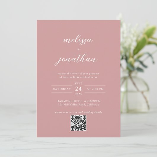 Invitation Script photo moderne Blush Pink Code QR Mariage (Debout devant)